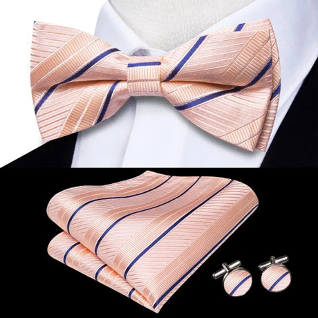 Hi-Tie Striped Black Red Mens Bow Tie Hankerchief Cufflink Pre-tied Silk Butterfly Knot Bowtie for Male Business Party Wholesale