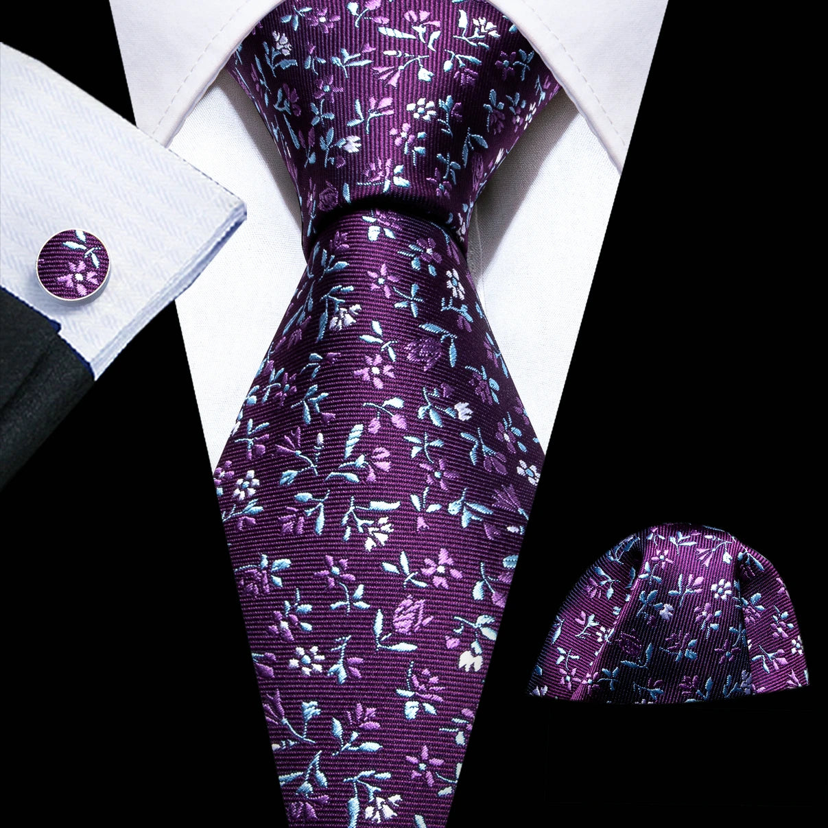 Barry.Wang Purple Lilac Lavender Silk Mens Tie Handkerchief Cufflink Set Jacquard Floral Necktie for Male Wedding Business Party