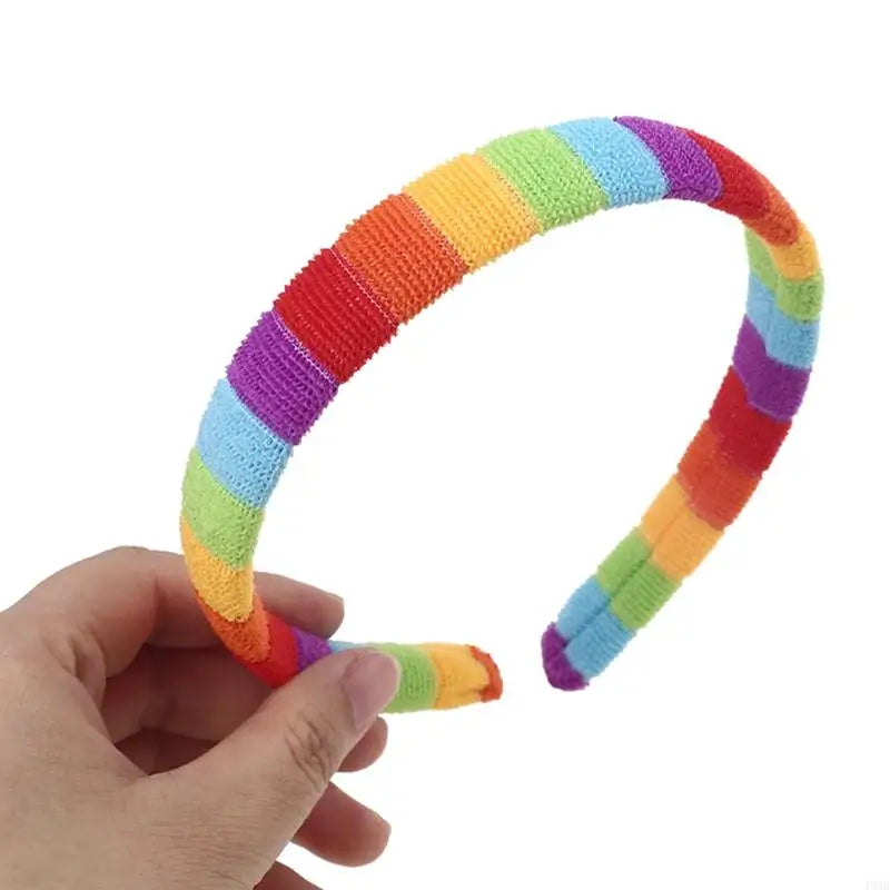 49MB Women Girls Autumn Winter Plush Headband Rainbow Colorful Striped Elastic Hair Hoop Festival Party Wash Face Styling