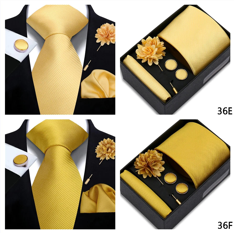 Top Quality Solid color Ties Hanky Cufflinks Brooch Set Elegant Jacquard Necktie For Men Business Wedding In Gift Box Gravatas