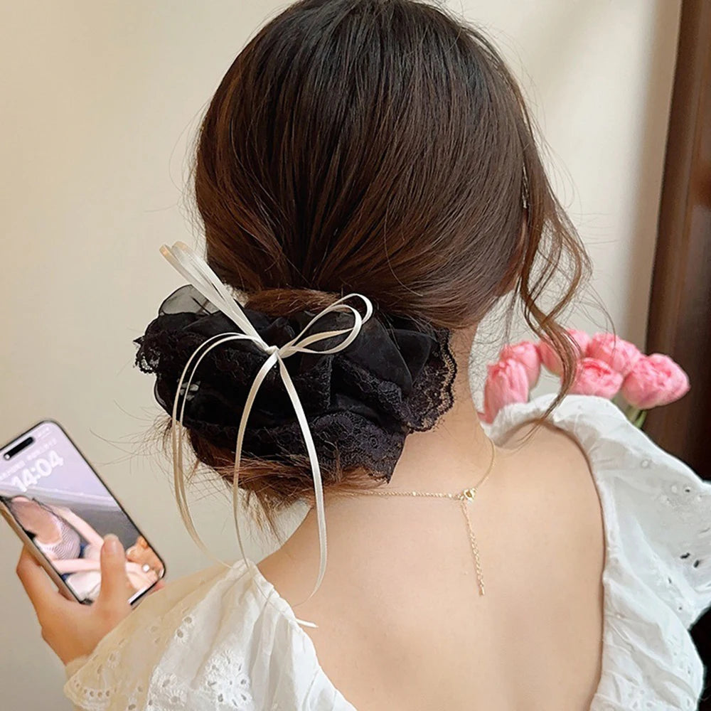 Lace Scrunchies Bowknot Ribbon Elastic Hair Bands Hair Rope Ties Hair Accessories Ponytail Holder Hair Ring INS Hair Accessories