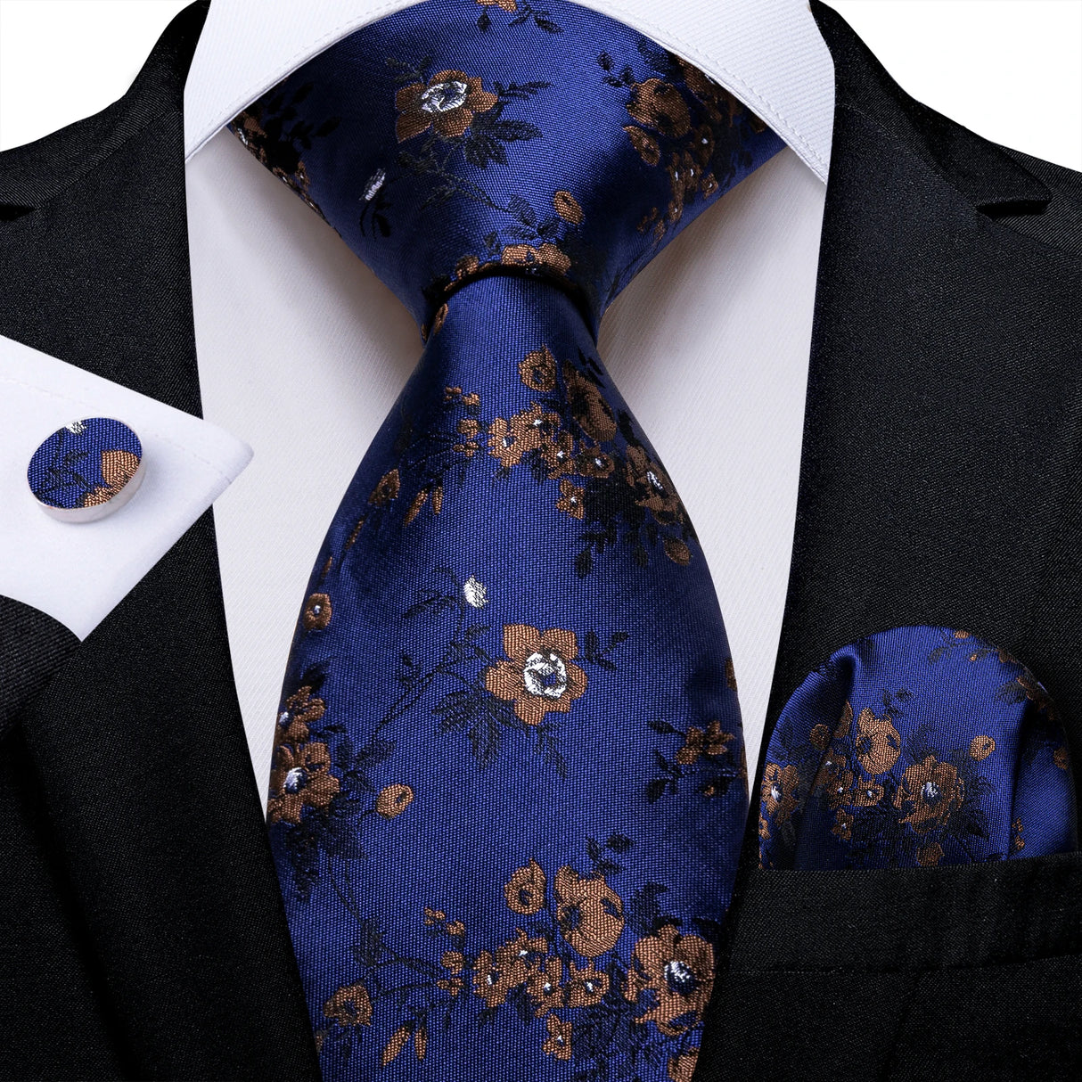 Elegant Blue Floral Paisley Men's 8cm Silk Tie Set with Pocket Square Cufflinks Business Suits Accessories Groom Wedding Cravat