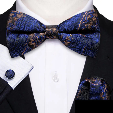 Barry.Wang Navy Royal Sky Blue Silk Mens Bow Tie Jacquard Paisley Floral Pre-Tied Bowtie Hanky Cufflinks Set Wedding Business