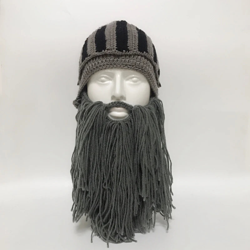 Red Tassel Cosplay Roman Knight Knit Helmet Men Cap Original Barbarian Handmade Winter Warm Beard Hats Funny Beanies Party Gifts