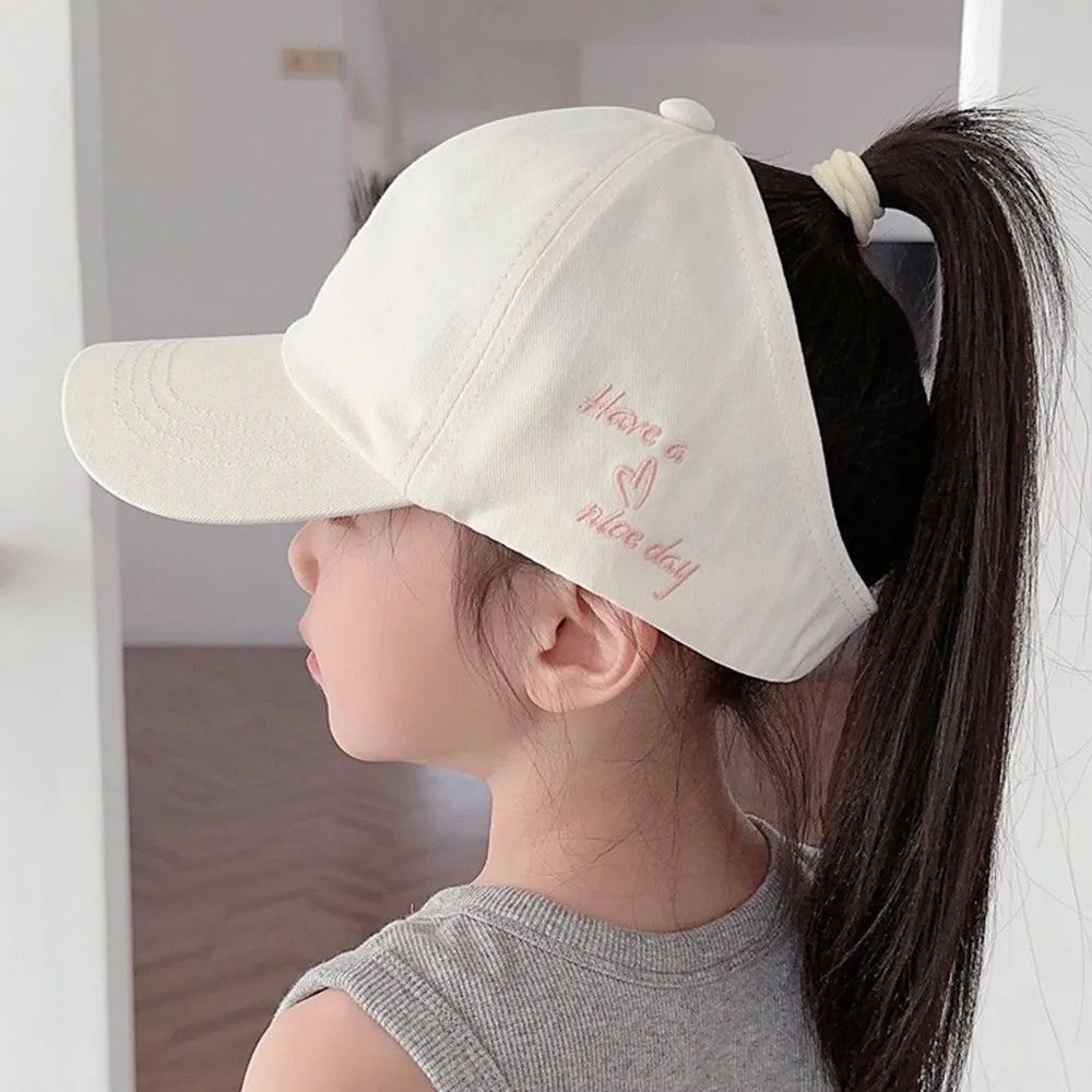Love Heart Kids Baseball Caps Adjustable Large Brim Sun Hat Solid Color Hollow High Ponytail Caps for Boys Girls