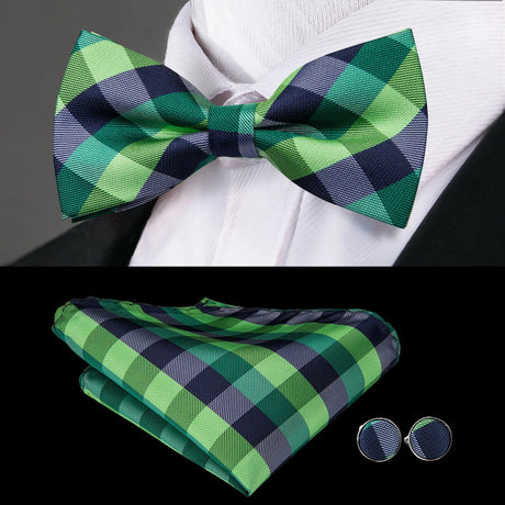 Hi-Tie Christmas Green Bow Ties for Men Silk Butterfly Tie Bow Tie Hanky Cufflinks Set Wedding Party Paisley Plaid Solid Bowtie