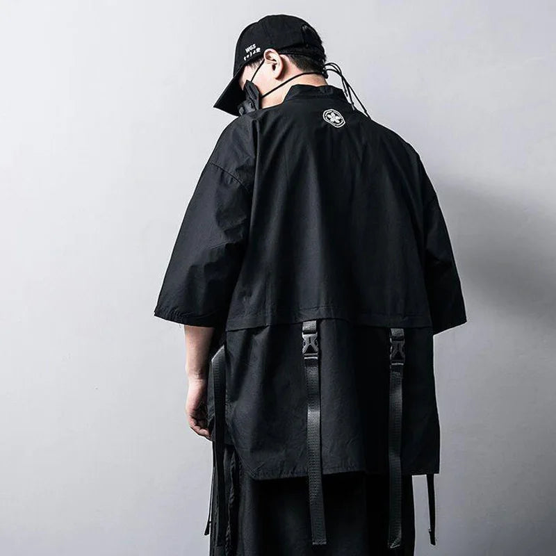 Men's Taoist Robes Japanese Harajuku Techwear Short-sleeved Women Men Shirt Thin Streewear y2k Ribbons Casual Baggy Clothes