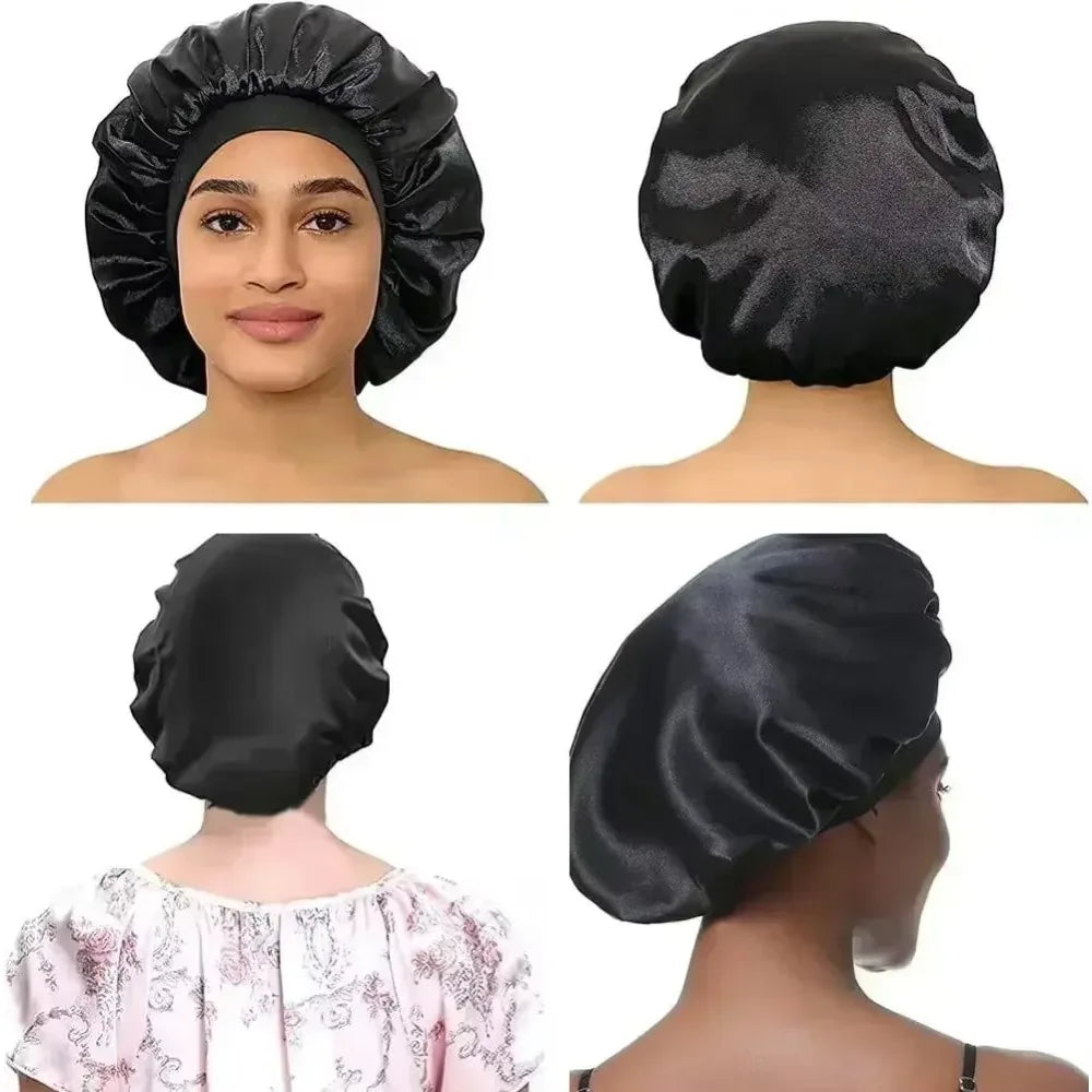 High Elastic Satin Solid Wide-brimmed Sleeping Hat Unisex Head Wrap Elastic Band Cap Hair Care Bonnet Night Sleeping Hat