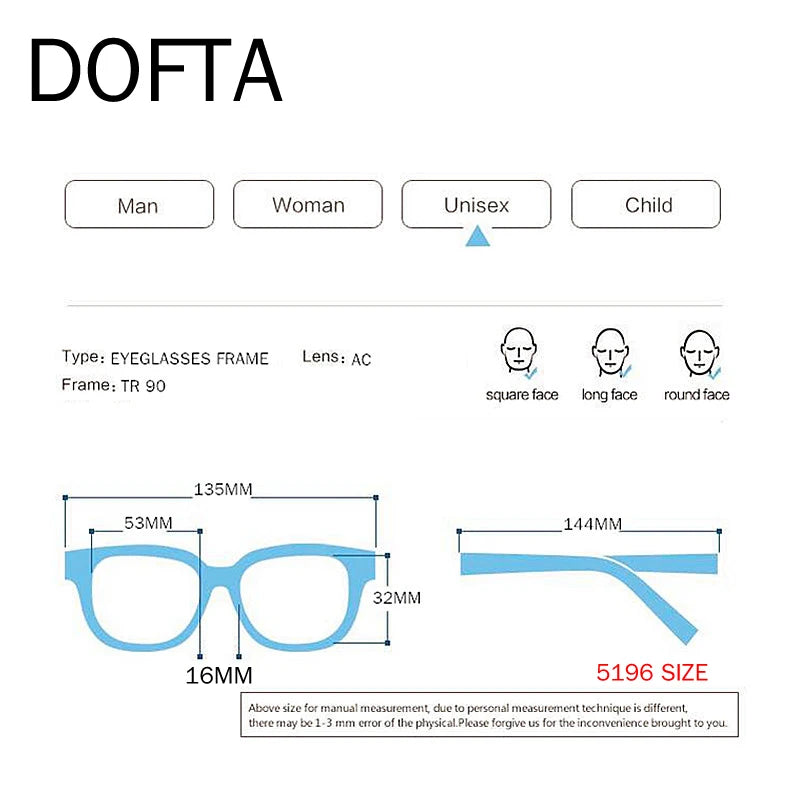 DOFTA Ultralight TR90 Glasses Frame Men Optical Myopia Eyeglasses Male Plastic Titanium Prescription Eye Glasses 5196A