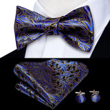 Hi-Tie Silk Mens Self Bow Tie Hanky Cufflinks Set Blue Red Gold Black White Male Jacquard Butterfly Knot Bowtie Wedding Business