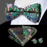 Hi-Tie Brand Silk Pre-tied Men's Bow Tie Hanky Cufflinks Set Bowtie for Male Jacquard Solid Paisley Floral Wedding Business Gift