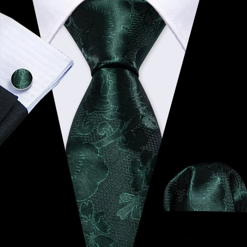 Luxury Silk Mens Ties Set Black Green Leaves Floral Neck Tie Handkerchief Cufflinks Set Wedding Business Party Barry·Wang 5938