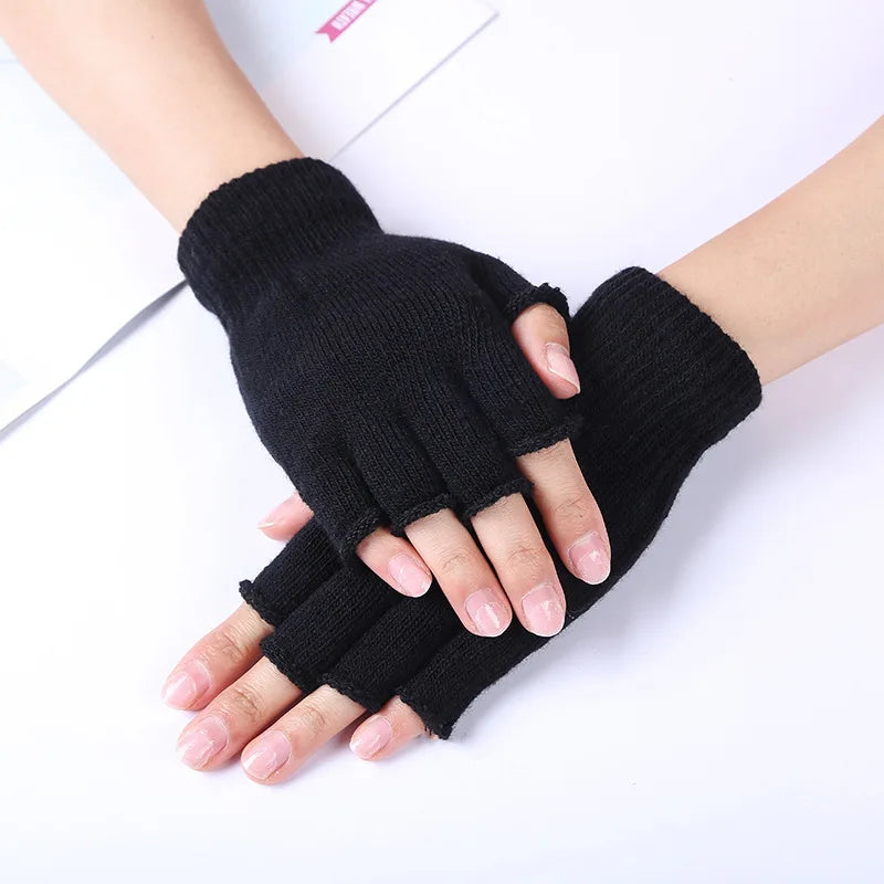 Unisex Black Half Finger Fingerless Gloves for Women and Men Wool Knit Wrist Cotton Gloves Solid Color Winter Warm Work Gloves