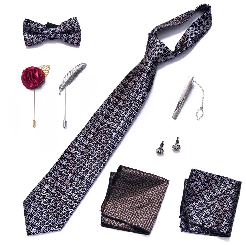 Brand Newest Design Silk Tie Set Handkerchief Pocket Squares Cufflink Bow Tie Clip Necktie Set Bussiness Wedding Suit Gift Box