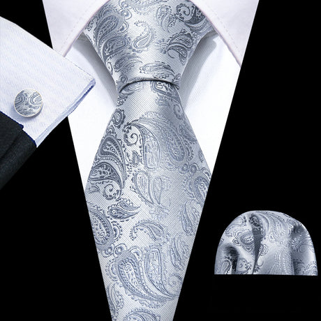 Fashion Mens Ties Set Silk Gray Black Silver White Striped Plaid Solid Paisley Floral Neck Tie Hankderchief Cufflinks Barry·Wang