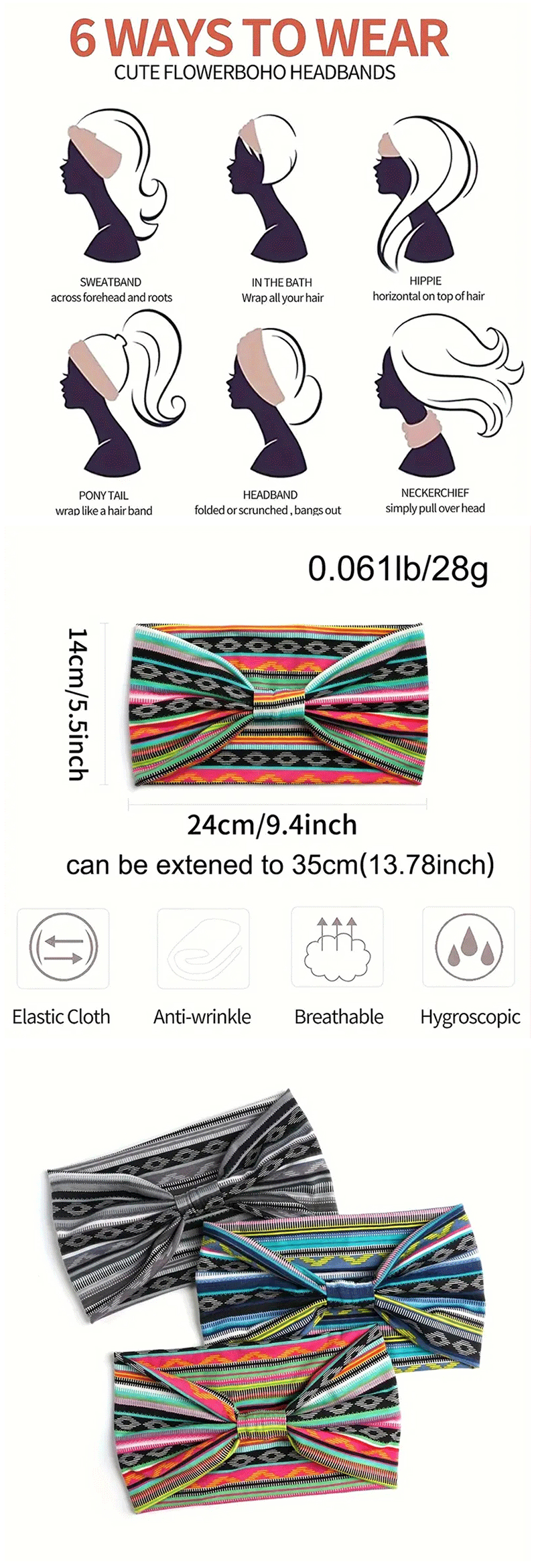 1 Pcs European American Women'S Bohemian Style Elastic Headscarf Fashionable Breathable Cotton Wide Brimmed Hair Accessories