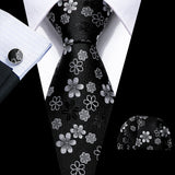 Business Black Silk Ties For Men Classic Solid High Quality Woven Pocket Square Cufflinks Sets Party Formal Designer Barry.Wang