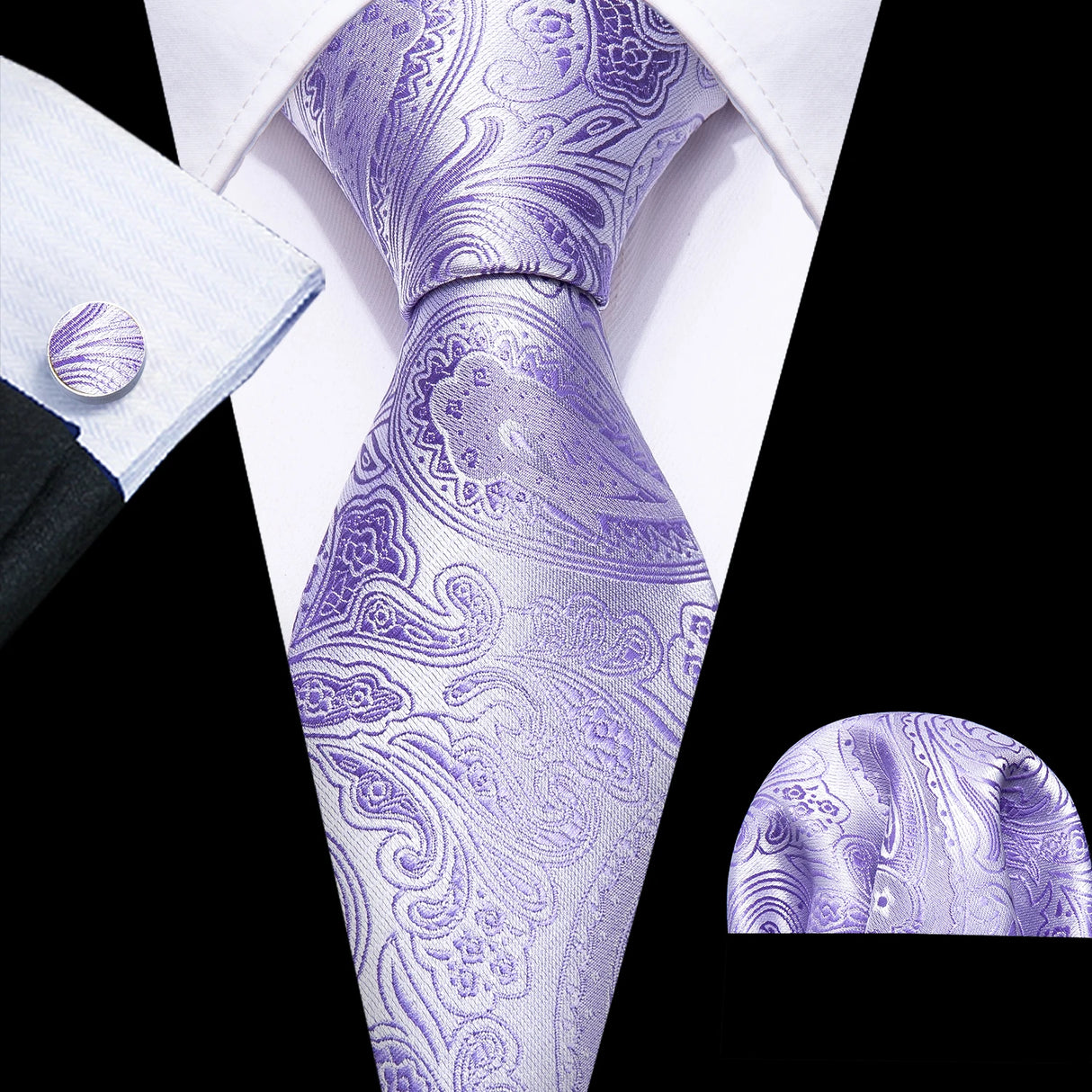 Male Gift Silk Men Tie Set Purple Violet Solid Paisley Striped Wedding Business Tie for Man Necktie Handky Cufflinks Barry.Wang