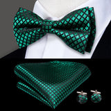 Hi-Tie Striped Black Red Green Silk Mens Bow Tie Hanky Cufflinks Set Pre-tied Butterfly Knot Bowtie for Male Wedding Business