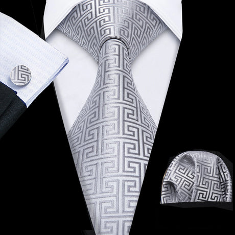 Fashion Mens Ties Set Silk Gray Black Silver White Striped Plaid Solid Paisley Floral Neck Tie Hankderchief Cufflinks Barry·Wang