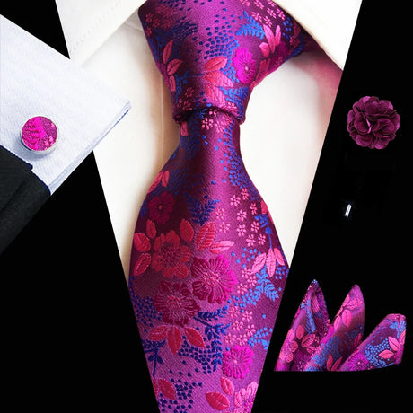 Floral Pink Silk Ties Set For Men Wedding Party Neck Tie Set Handkerchief Brooch Cufflinks Men Accessories High Quality Gravata