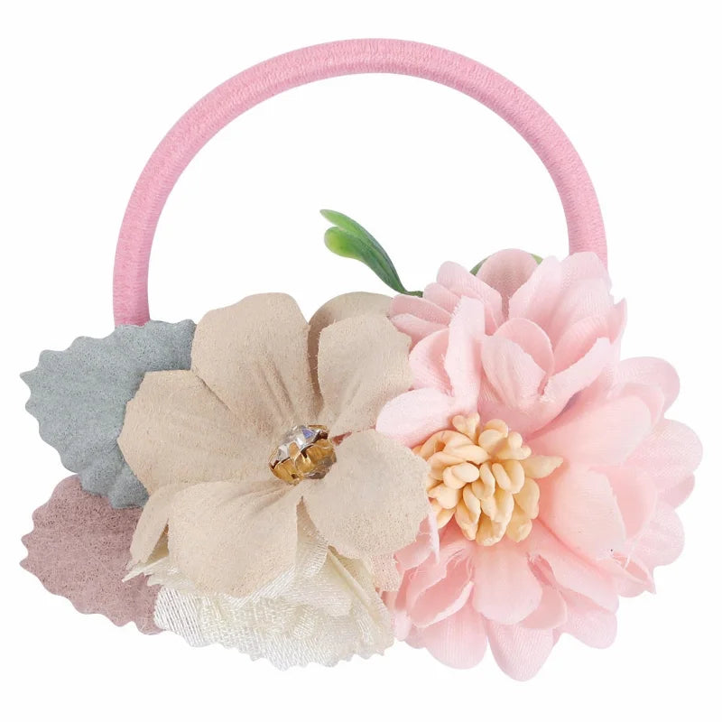 Handmade Flower Elastics Hair Ties For Kids Girls Stretchy Rubber Hairband Slim Headband Scrunchies Ponytail Holder Ring Loop