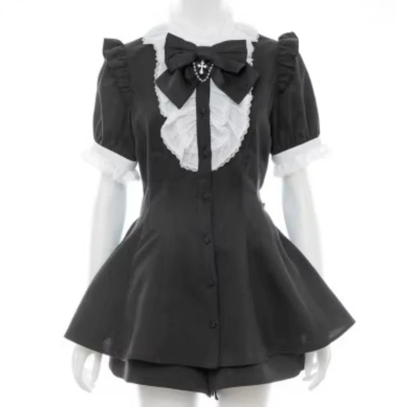 Japanese Style Gothic Y2k Lolita Plaid Rhinestone Bow Dress Shorts Set Sweet Women Puff Short Sleeve Button Shirt Party Dresses