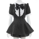 Japanese Style Gothic Y2k Lolita Plaid Rhinestone Bow Dress Shorts Set Sweet Women Puff Short Sleeve Button Shirt Party Dresses