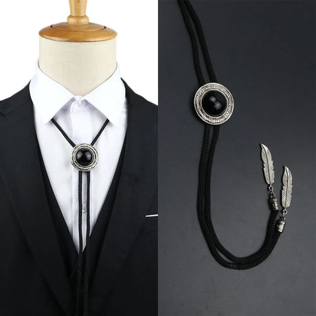 Vintage Bolo Tie Shirt Chain Cowboy Jazz Alloy Men Women Leather Rope Long Necklace Imitation Obsidian Sweater Chain Men Accesso