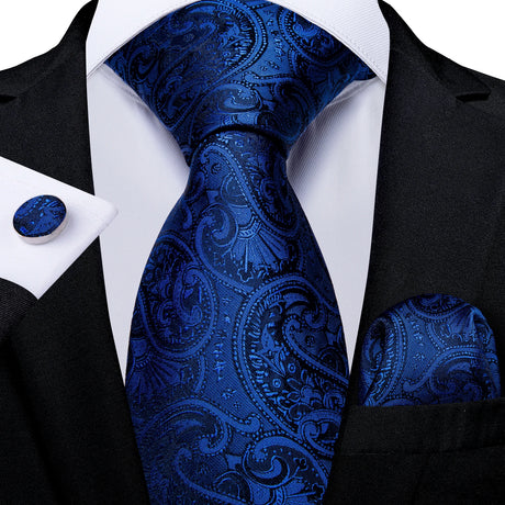 Elegant Blue Floral Paisley Men's 8cm Silk Tie Set with Pocket Square Cufflinks Business Suits Accessories Groom Wedding Cravat