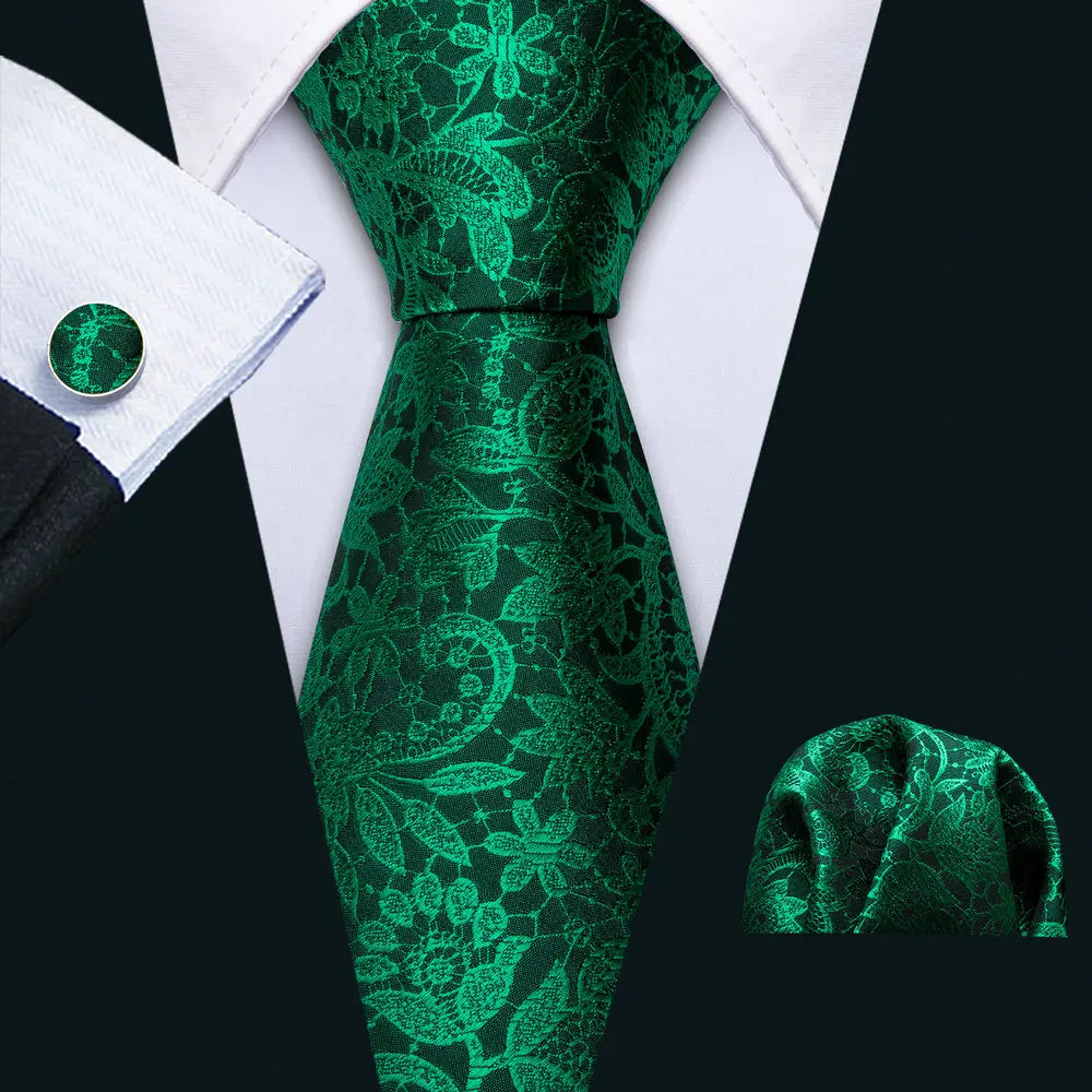 Fashion Luxury Green Silk Tie For Men Casual Formal Wedding Geometric Tie Barry.Wang NeckTies Hanky Cufflinks Set Business Gift