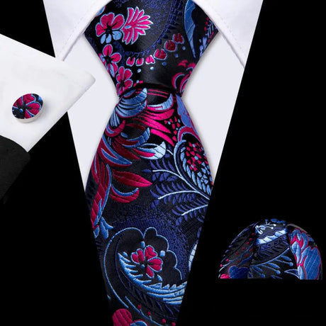 Black Gold Pink Men Wedding Neck Tie Silm Floral Silk Necktie Jacquard Pocket Square Cufflinks Sets Business Party Barry.Wang