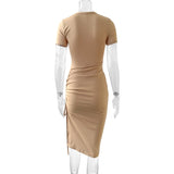 Sexy Side Slit Short Sleeve Wrap Buttocks  Round Neck Dress 2024 Summer Drawstring Tie Up Women's Clothing