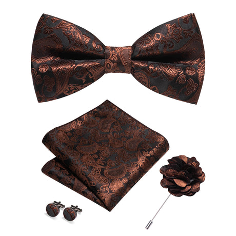 Champagne Silk Jacquard Paisley Mens Bow Tie Brooch Hanky Cufflinks Set Pre-tied Butterfly Knot Bowtie for Male Wedding Business