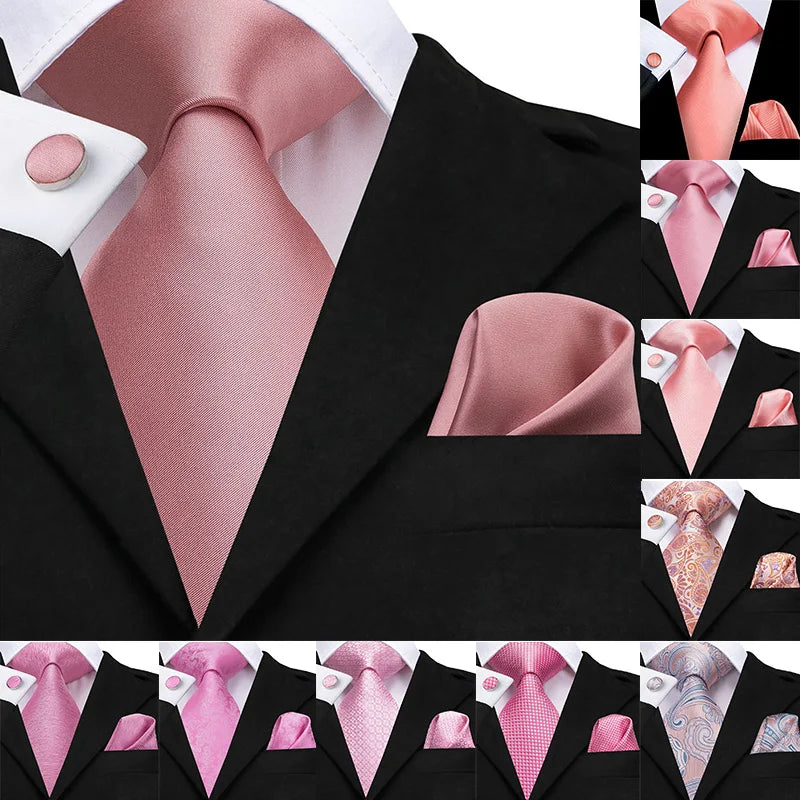 Hi-Tie 100% Silk Classic Men's Wedding Coral Pink Red Peach Tie Pocket Square Cufflinks Set Rose Ties for Men Solid Paisley Ties