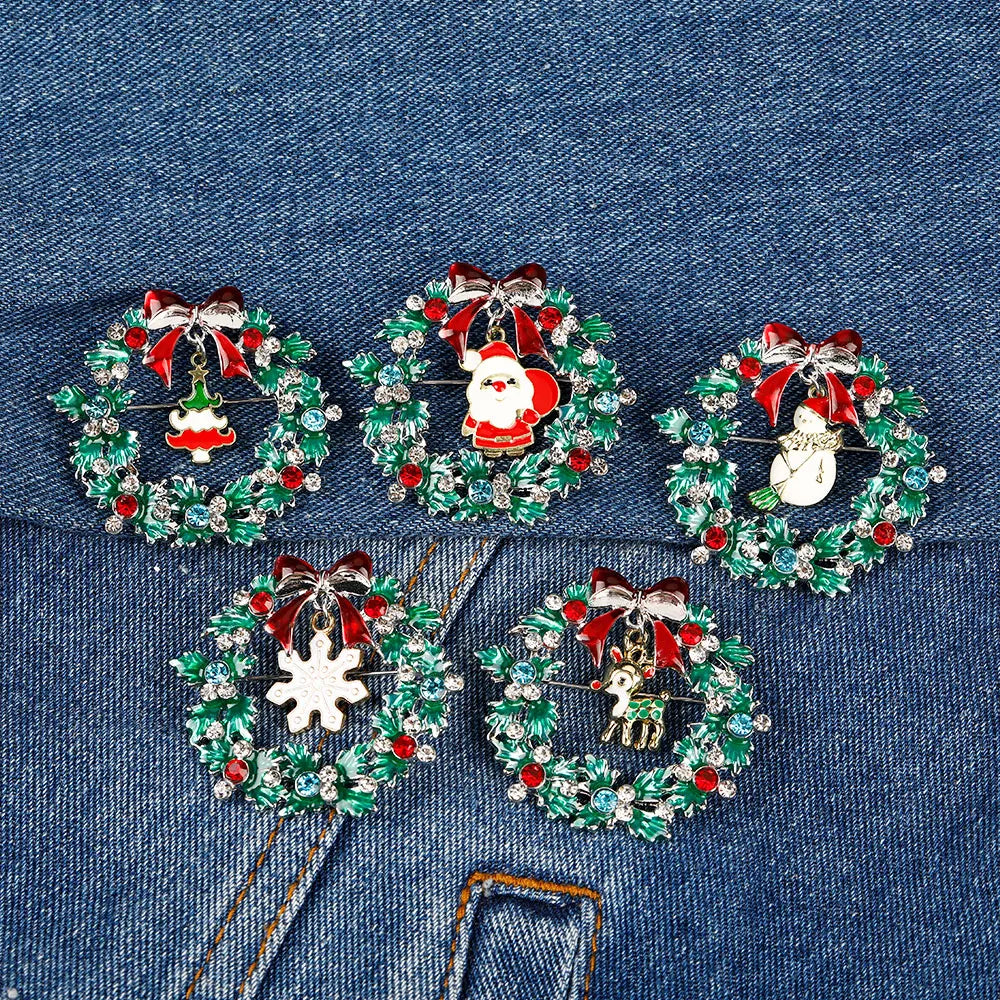 Christmas Wreath Collection Enamel Crystal Brooches With Candy Canes Bells Santa Claus Reindeer Snowman Snowflake Tree Drop