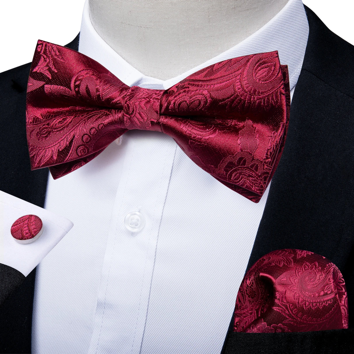 Classic Black Men Bow Ties 100% Silk Bowties Butterfly Pocket Square Cufflinks Set Suit Paisley Gold Pre-Tied Bow Tie DiBanGu