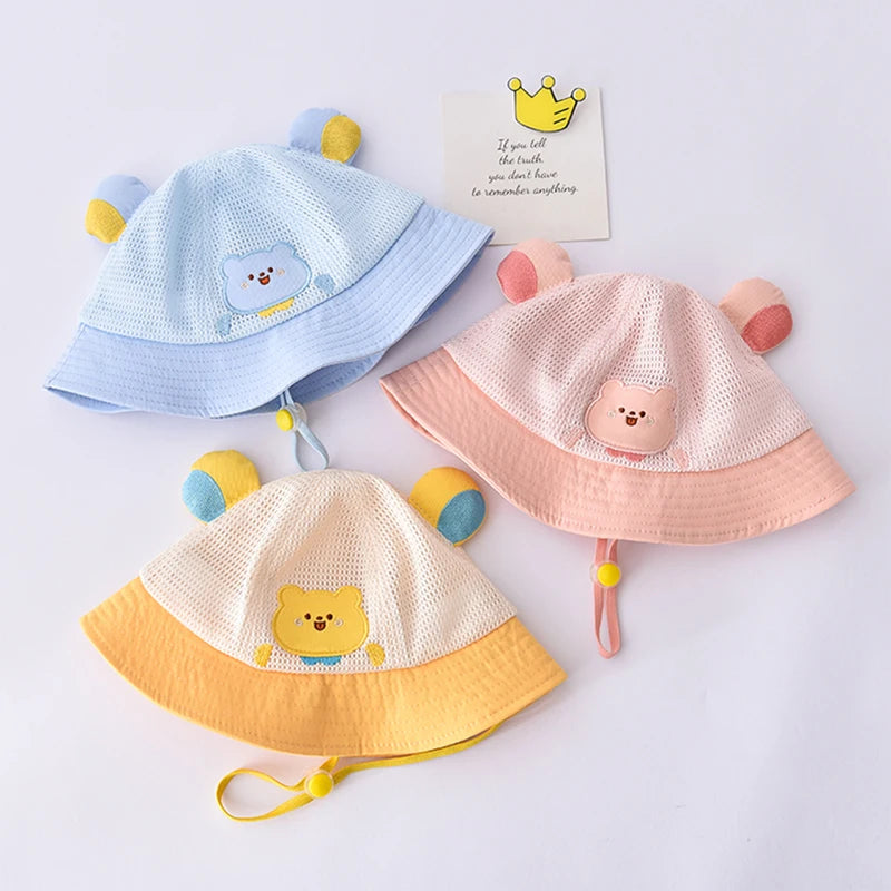 Summer Breathable Mesh Baby Hat Cute Bear Infant Boy Girl Bucket Hats Korean Cartoon Toddler Kids Casual Fisherman Cap