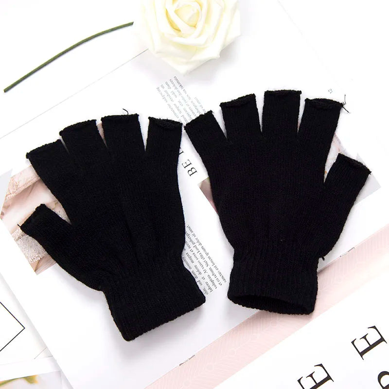 1Pair Black Unisex Half Finger Fingerless Gloves for Women Men Wool Knit Wrist Cotton Gothic Gloves Winter Warm Workout Gloves