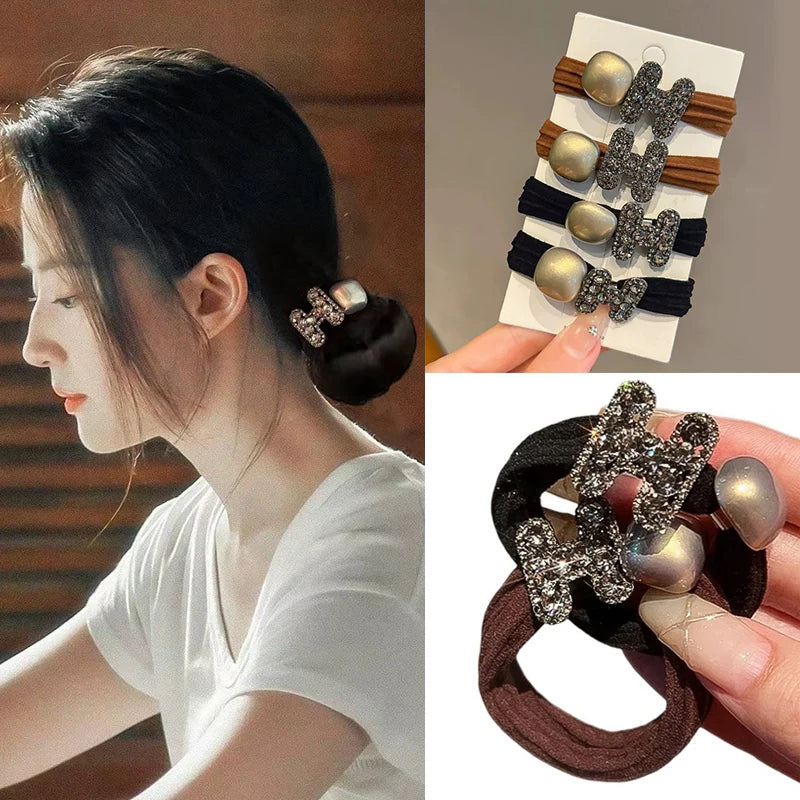 Luxury Full Diamond Letter H Hair Rope Non-slip Ponytail Hair Rubber Band High Elastics Hair Ties for Girl Accessories Headwear