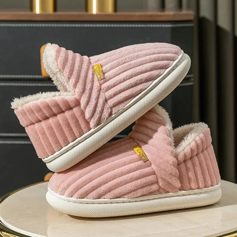 Winter Couple Style Concise Stripes Wrap Heels Plush Slippers Ladies' Non-slip Soft Warm Flip Flops Men Home Casual Cotton Shoes