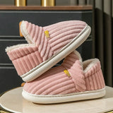 Winter Couple Style Concise Stripes Wrap Heels Plush Slippers Ladies' Non-slip Soft Warm Flip Flops Men Home Casual Cotton Shoes