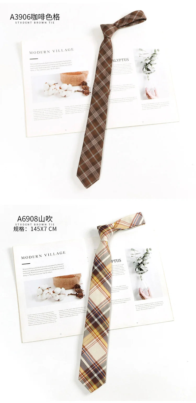 Brown Retro Plaid Striped Lazy-Free Japanese Style Brown Tie Women's Junior Wear Bow Tie College Style Men's Fashionmariage bleu