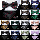 Hi-Tie Striped Black Red Green Silk Mens Bow Tie Hanky Cufflinks Set Pre-tied Butterfly Knot Bowtie for Male Wedding Business