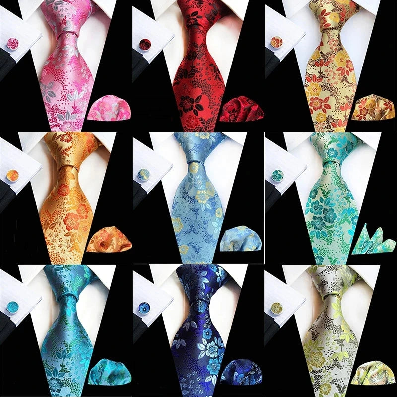 Floral Pink Silk Ties Set For Men Wedding Party Neck Tie Set Handkerchief Brooch Cufflinks Men Accessories High Quality Gravata