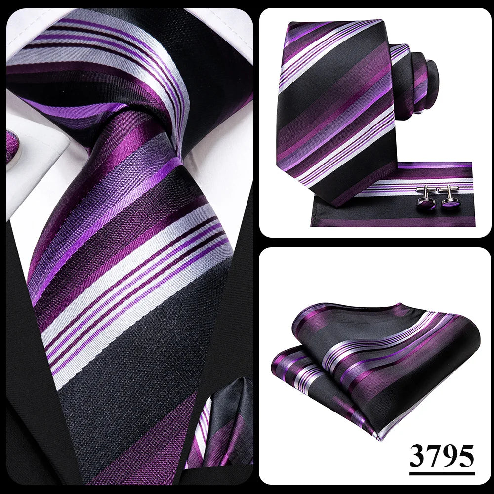 Hi-Tie Purple Lilac Floral Striped Silk Elegant Tie For Men Groom Wedding Men Necktie Pocket Square Cufflink Accessory Wholesale