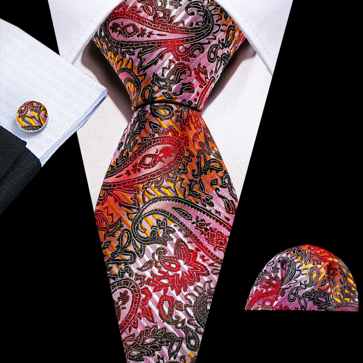 Red Silk Wedding Necktie Jacquard Woven Striped Ties For Men Tie Handkerchief Cufflink Set Barry.Wang Fashion Designer FA-5028