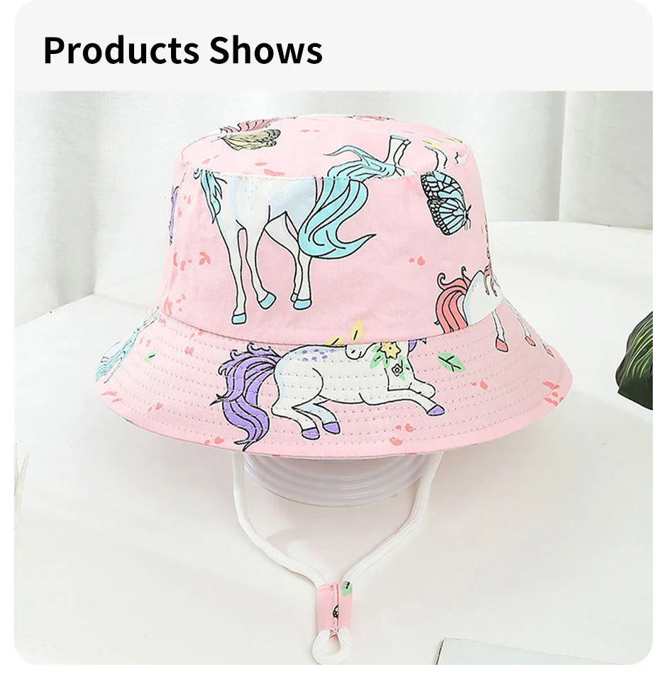 Cartoon Printing Baby Bucket Hat Cotton Breathable Kids Fisherman Hat Infant Toddle Sun Hat With Drawstring