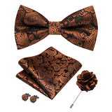 Champagne Silk Jacquard Paisley Mens Bow Tie Brooch Hanky Cufflinks Set Pre-tied Butterfly Knot Bowtie for Male Wedding Business