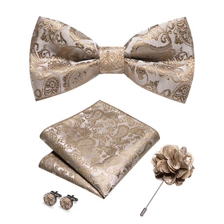 Champagne Silk Jacquard Paisley Mens Bow Tie Brooch Hanky Cufflinks Set Pre-tied Butterfly Knot Bowtie for Male Wedding Business